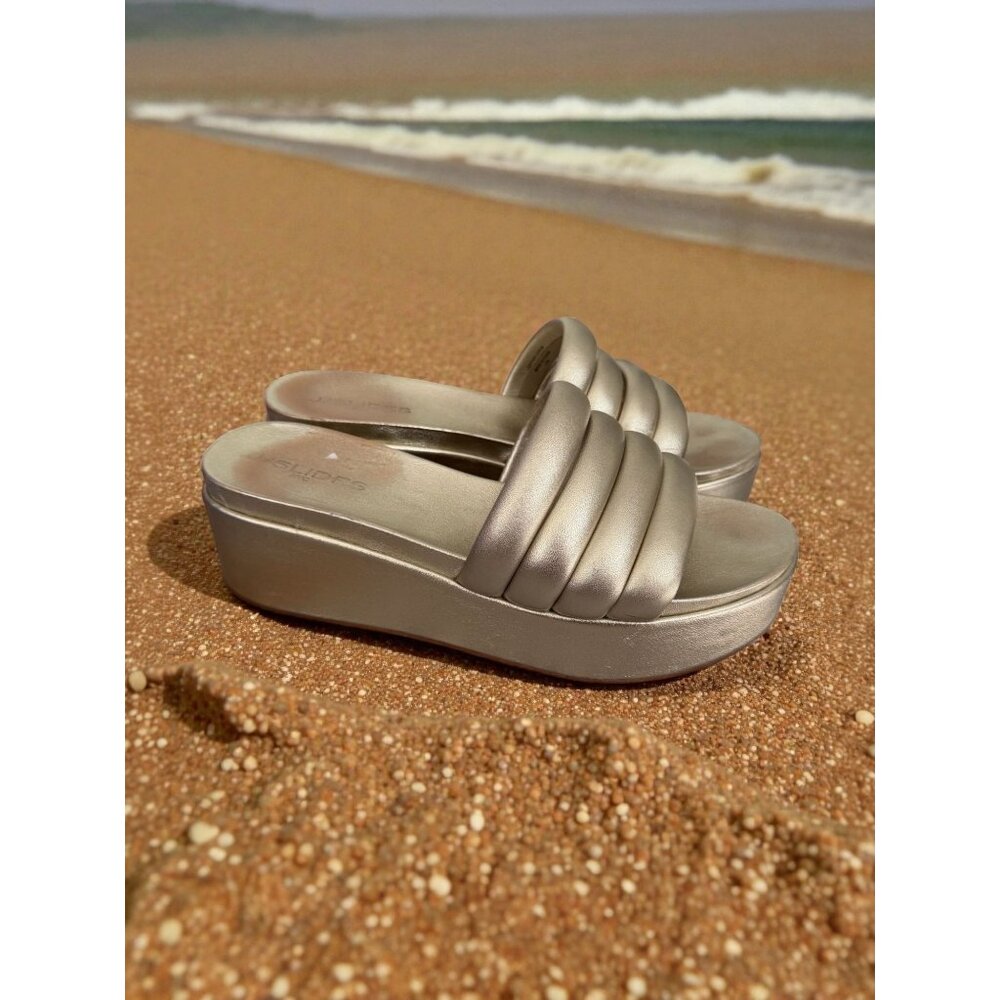 J SLIDES Gold Leather Platform Slides Sandals Siz… - image 1